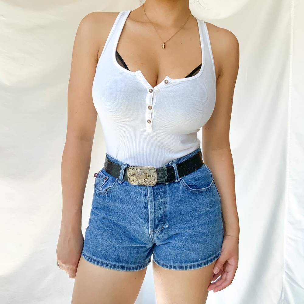 Denim high waisted trust patch shorts